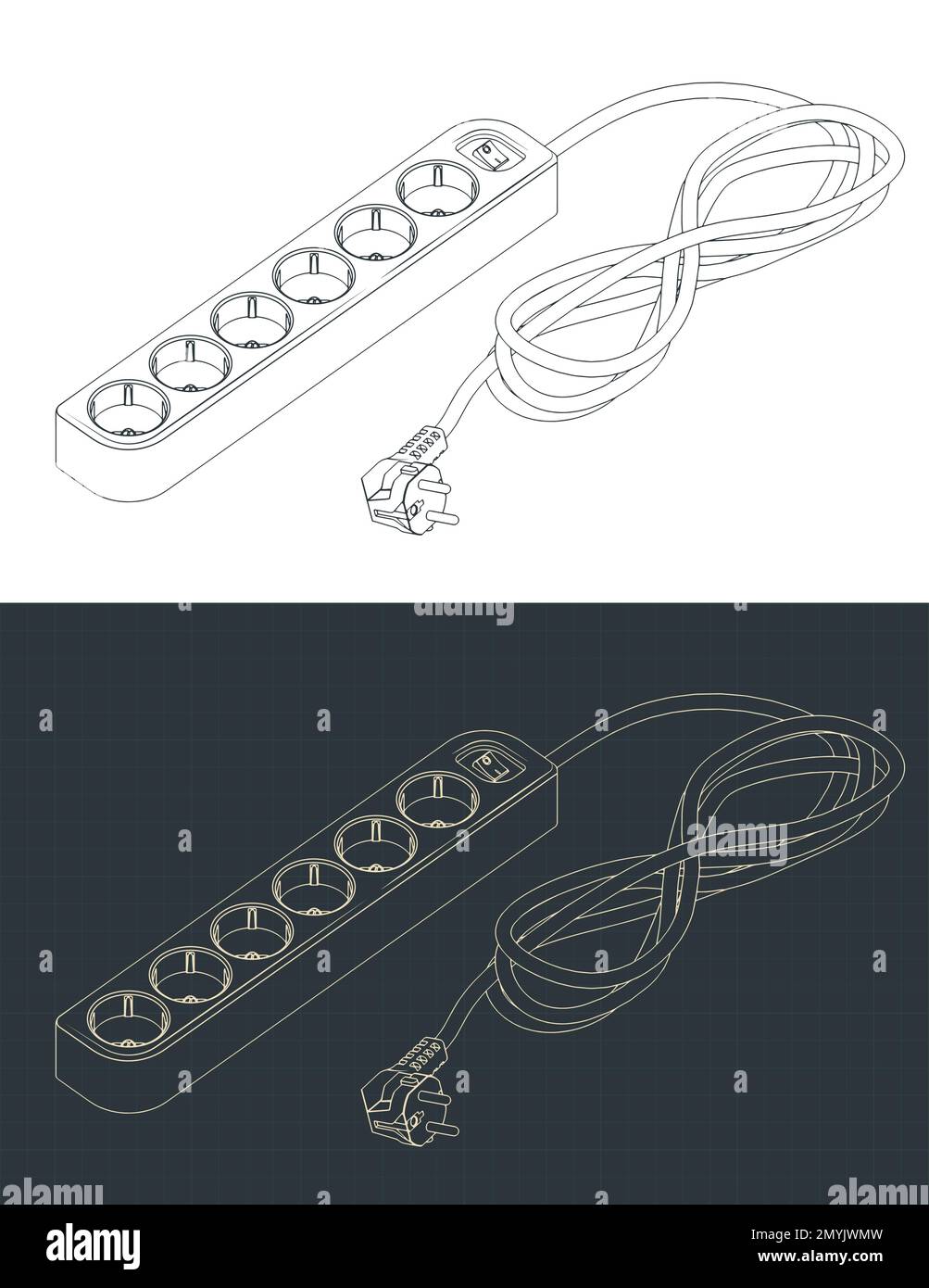 Illustrazioni vettoriali stilizzate di progetti isometrici di prolunga con 6 prese con messa a terra Illustrazione Vettoriale
