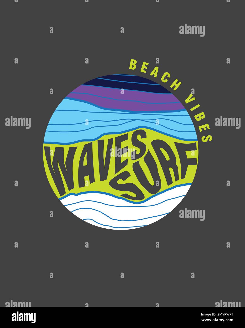 Wave Surf Beach Vibes Typography Round Beach disegni grafica vettoriale per t shirt stampa, adesivi, poster Illustrazione Vettoriale