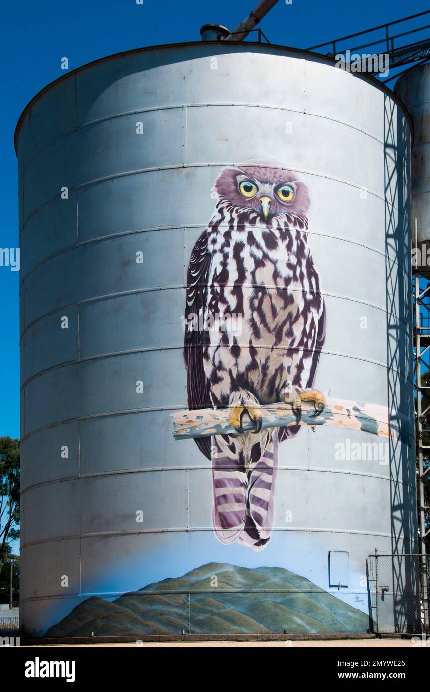 Arte silo 'Barking Owla' ad Avoca, Victoria, Australia Foto Stock