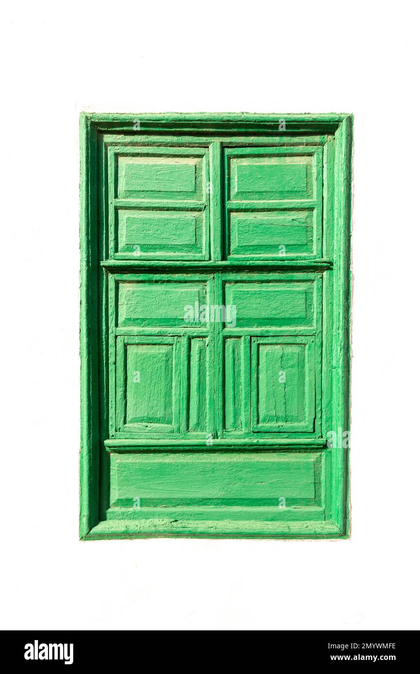 Sfondo di vecchia serranda in legno verde in stile rurale a Lanzarote, Isole Canarie, Spagna Foto Stock