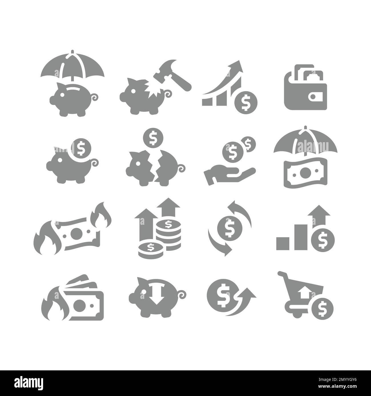 Insieme di icone di vettori di crisi finanziaria, inflazione e denaro. La banca del piggy rotta, aumentante il valore, icone della fattura del dollaro. Illustrazione Vettoriale