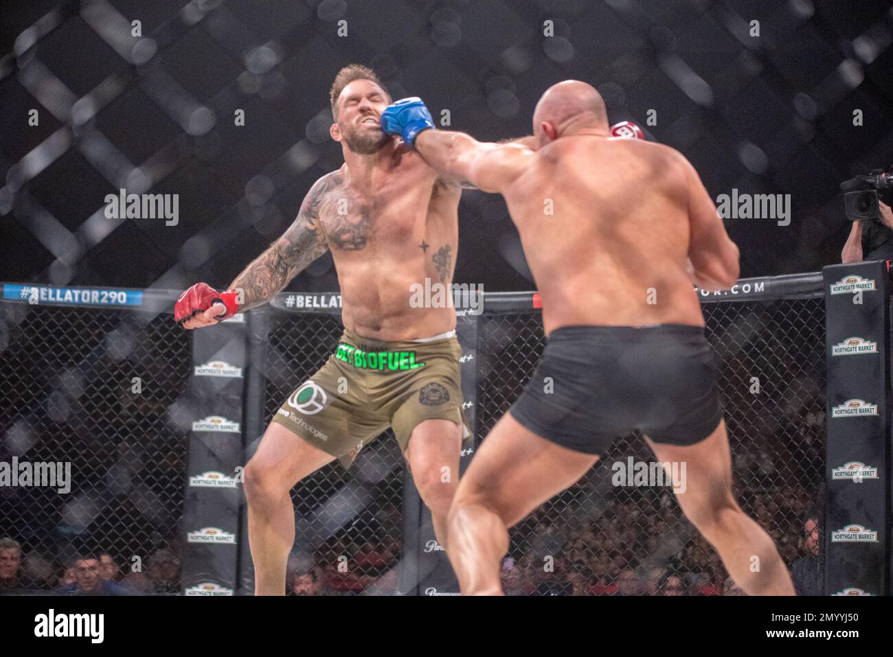 LOS ANGELES, CA - 4 FEBBRAIO: (R-L) Fedor Enelianenko prende a pugni Ryan Bader nella loro lotta di peso maggiore durante l'evento Bellator 290 al Forum del 4 febbraio 2023 a Los Angeles, CA, USA. (Foto di Matt Davies/PxImages) Foto Stock