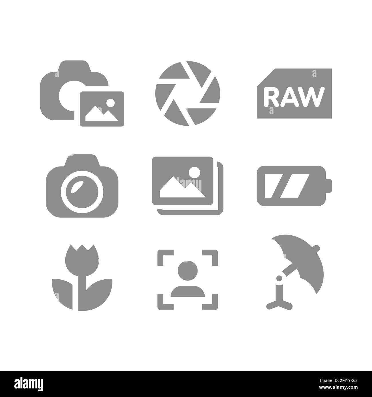 Set di icone per fotografia, fotocamera e otturatore vettoriale. Icone di foto, immagini e fotografie. Illustrazione Vettoriale