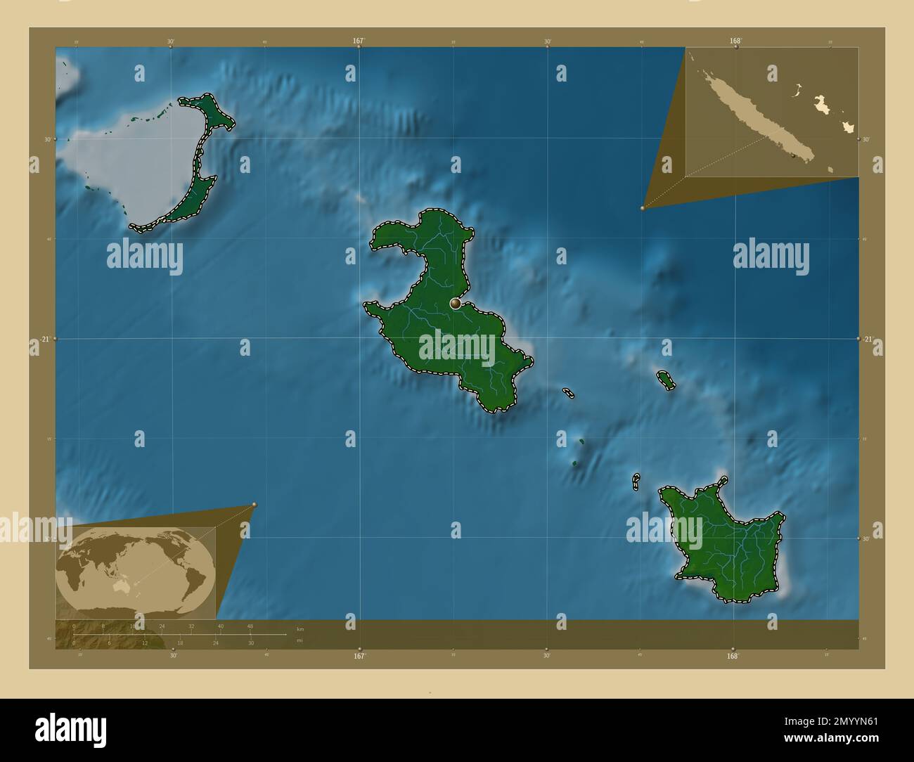 Iles Loyaute, provincia della Nuova Caledonia. Mappa di altitudine colorata con laghi e fiumi. Mappe delle posizioni ausiliarie degli angoli Foto Stock