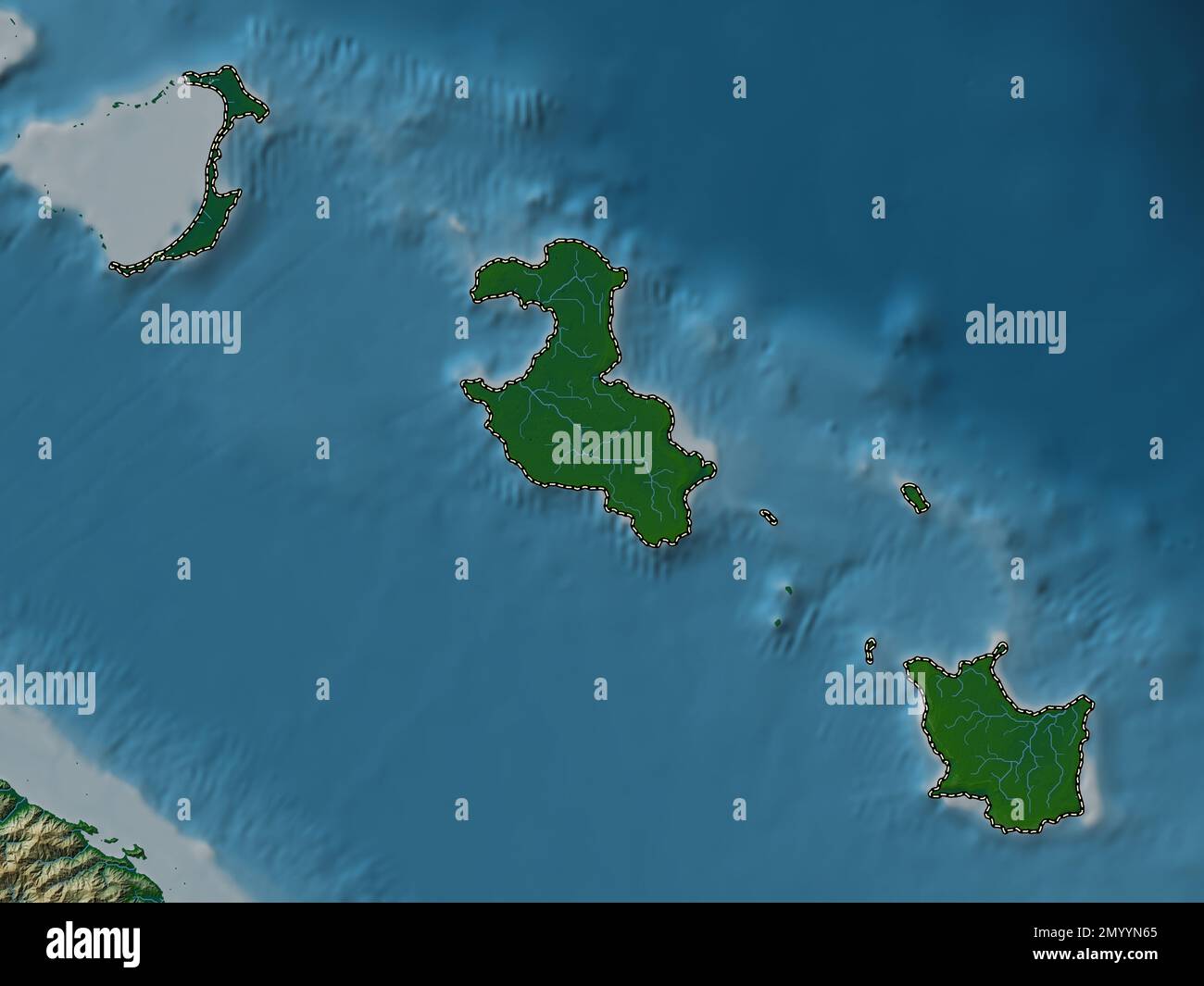 Iles Loyaute, provincia della Nuova Caledonia. Mappa di altitudine colorata con laghi e fiumi Foto Stock