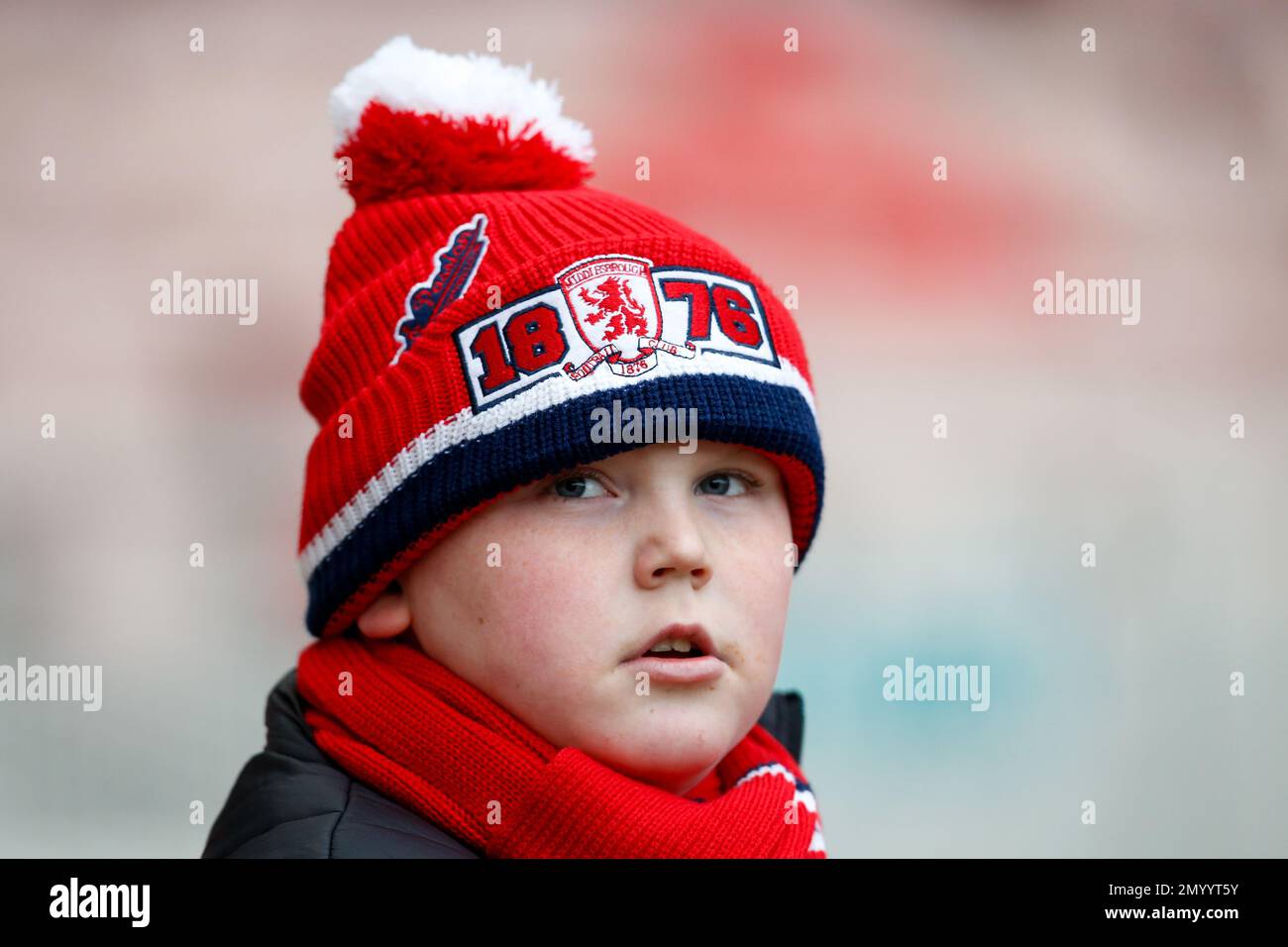 Un fan di Middlesbrough durante la partita del campionato Sky Bet Middlesbrough vs Blackpool al Riverside Stadium, Middlesbrough, Regno Unito, 4th febbraio 2023 (Photo by ben Early/News Images) Foto Stock