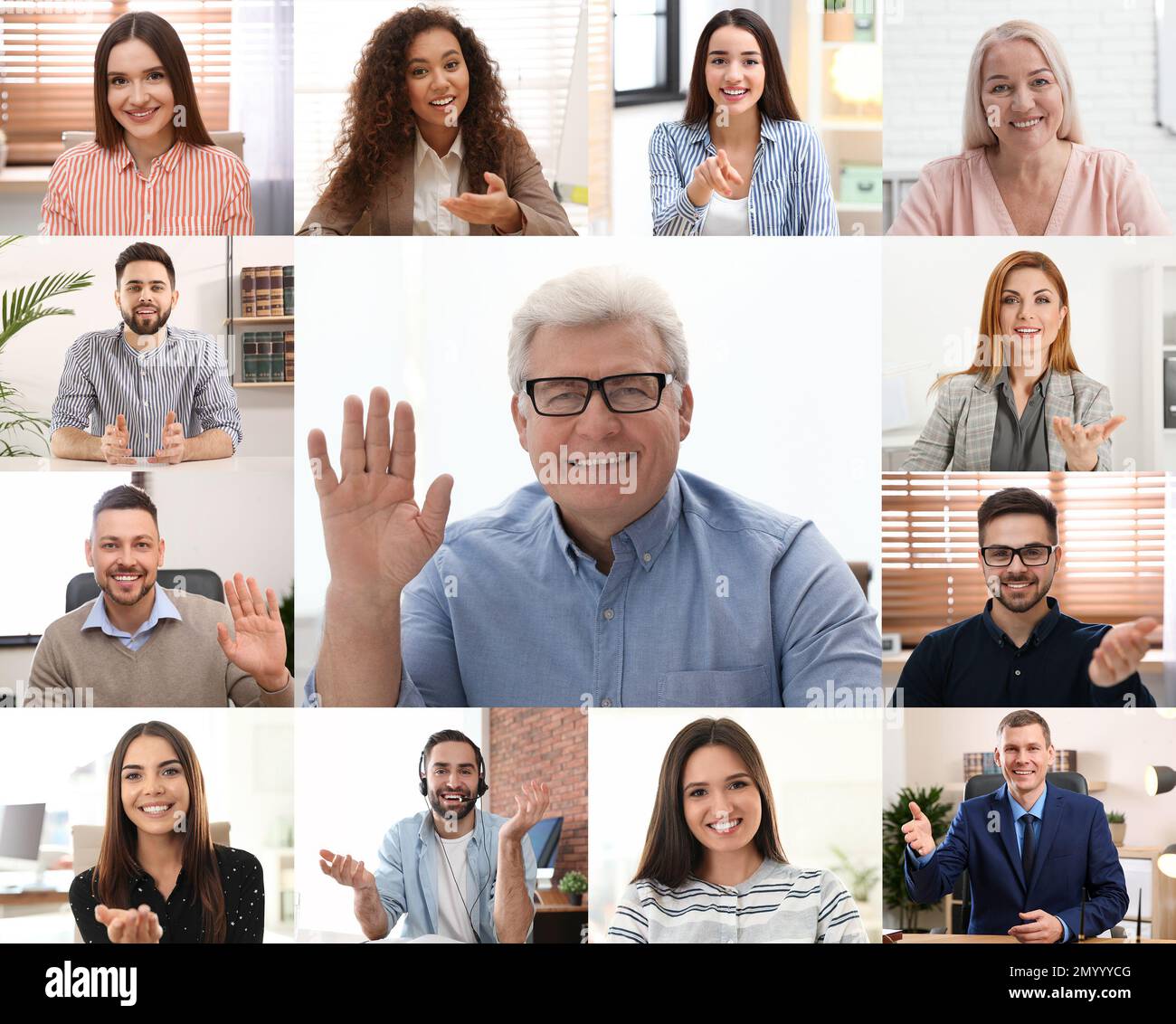 Videochiamata di gruppo, conferenza online. Persone diverse, vista dalla fotocamera Foto Stock