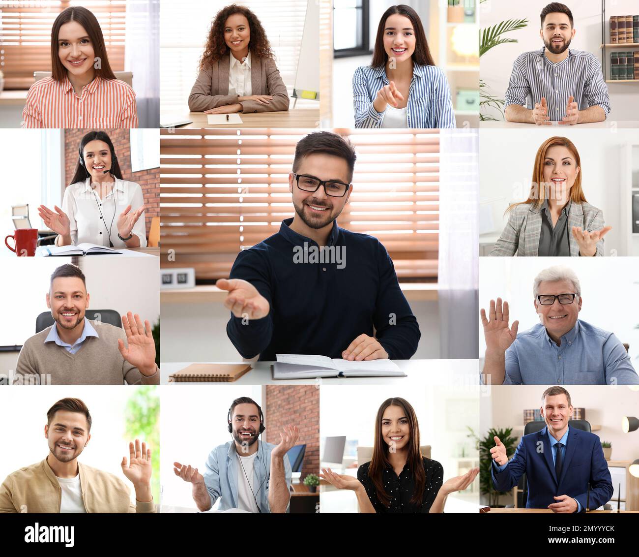 Videochiamata di gruppo, conferenza online. Persone diverse, vista dalla fotocamera Foto Stock