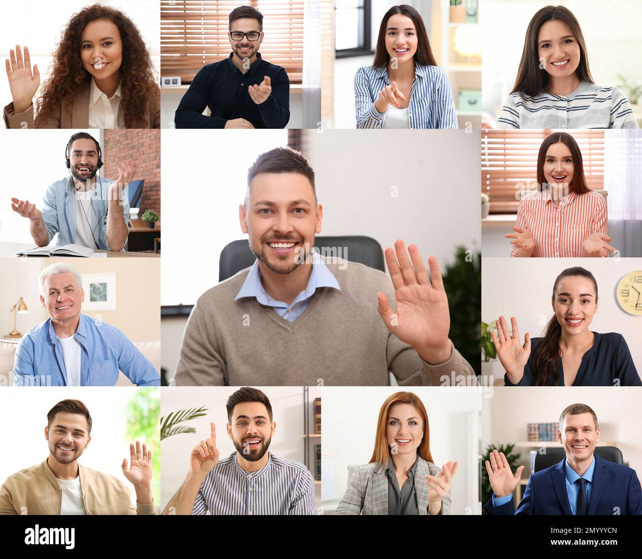 Videochiamata di gruppo, conferenza online. Persone diverse, vista dalla fotocamera Foto Stock