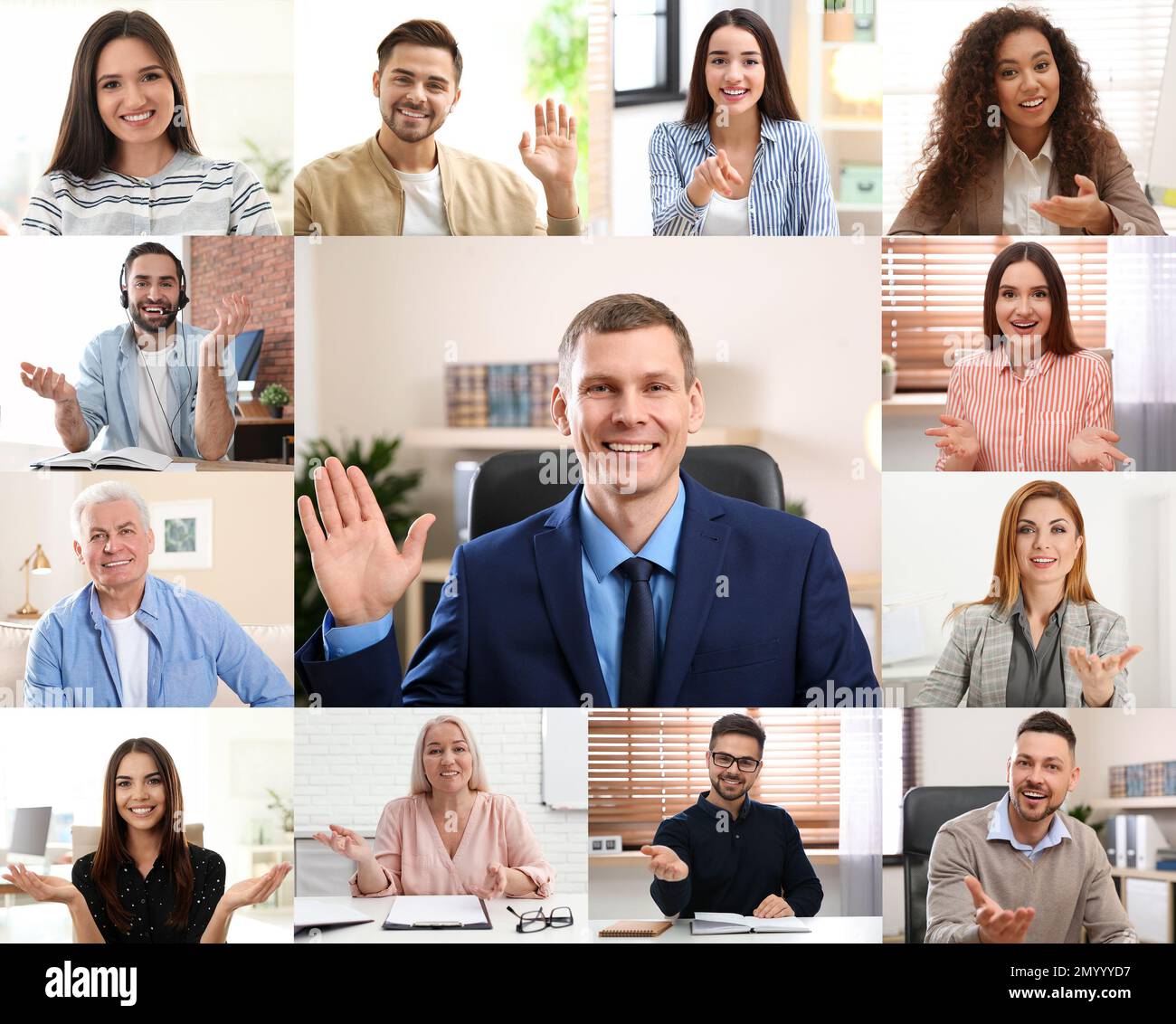 Videochiamata di gruppo, conferenza online. Persone diverse, vista dalla fotocamera Foto Stock