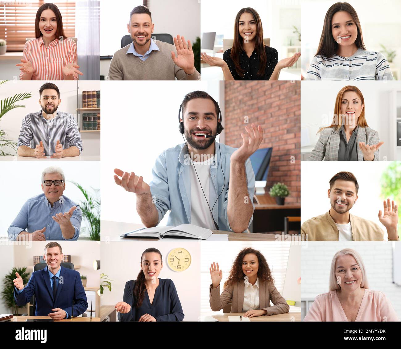 Videochiamata di gruppo, conferenza online. Persone diverse, vista dalla fotocamera Foto Stock