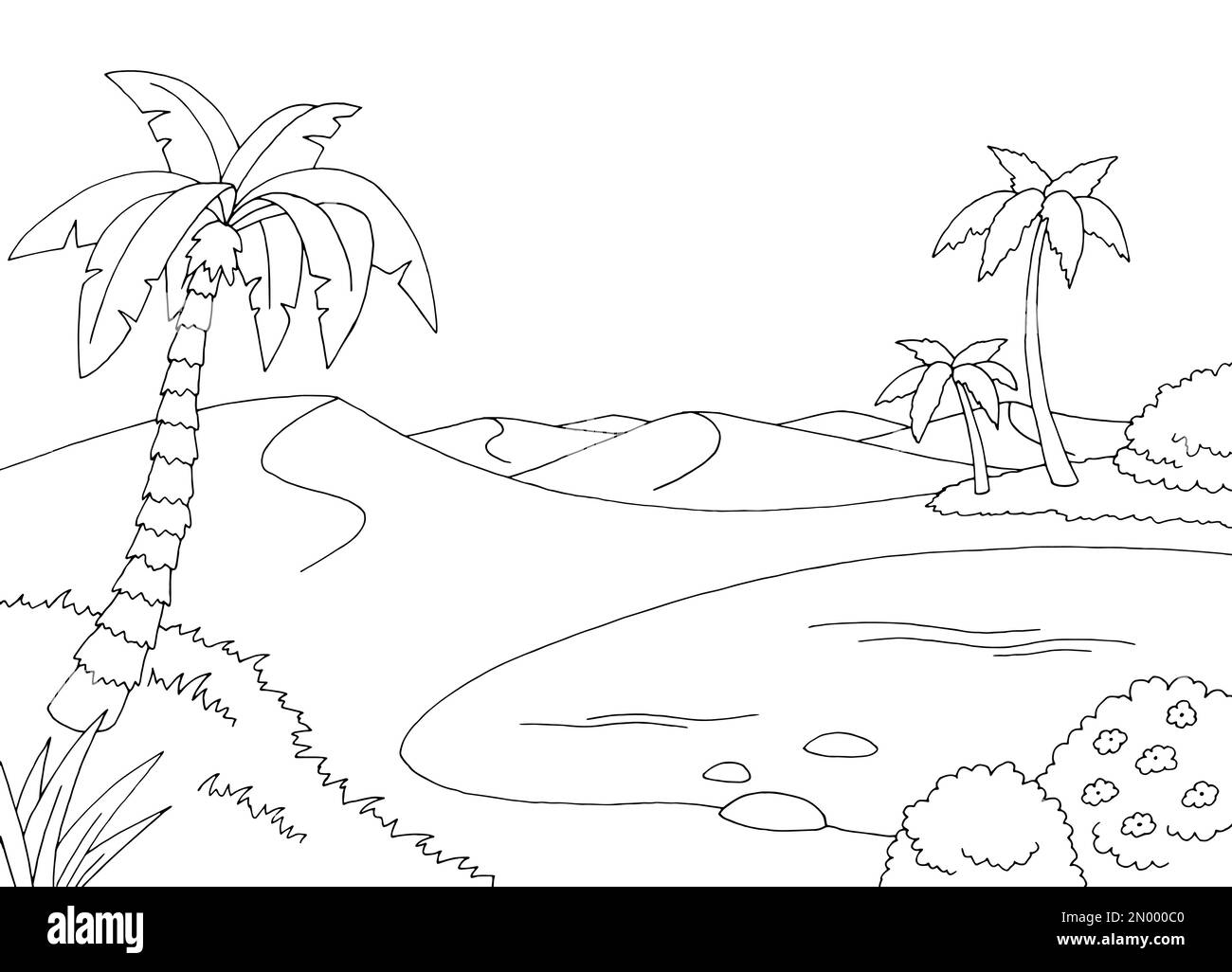Oasis coloring deserto grafico bianco nero paesaggio illustrazione vettore Illustrazione Vettoriale