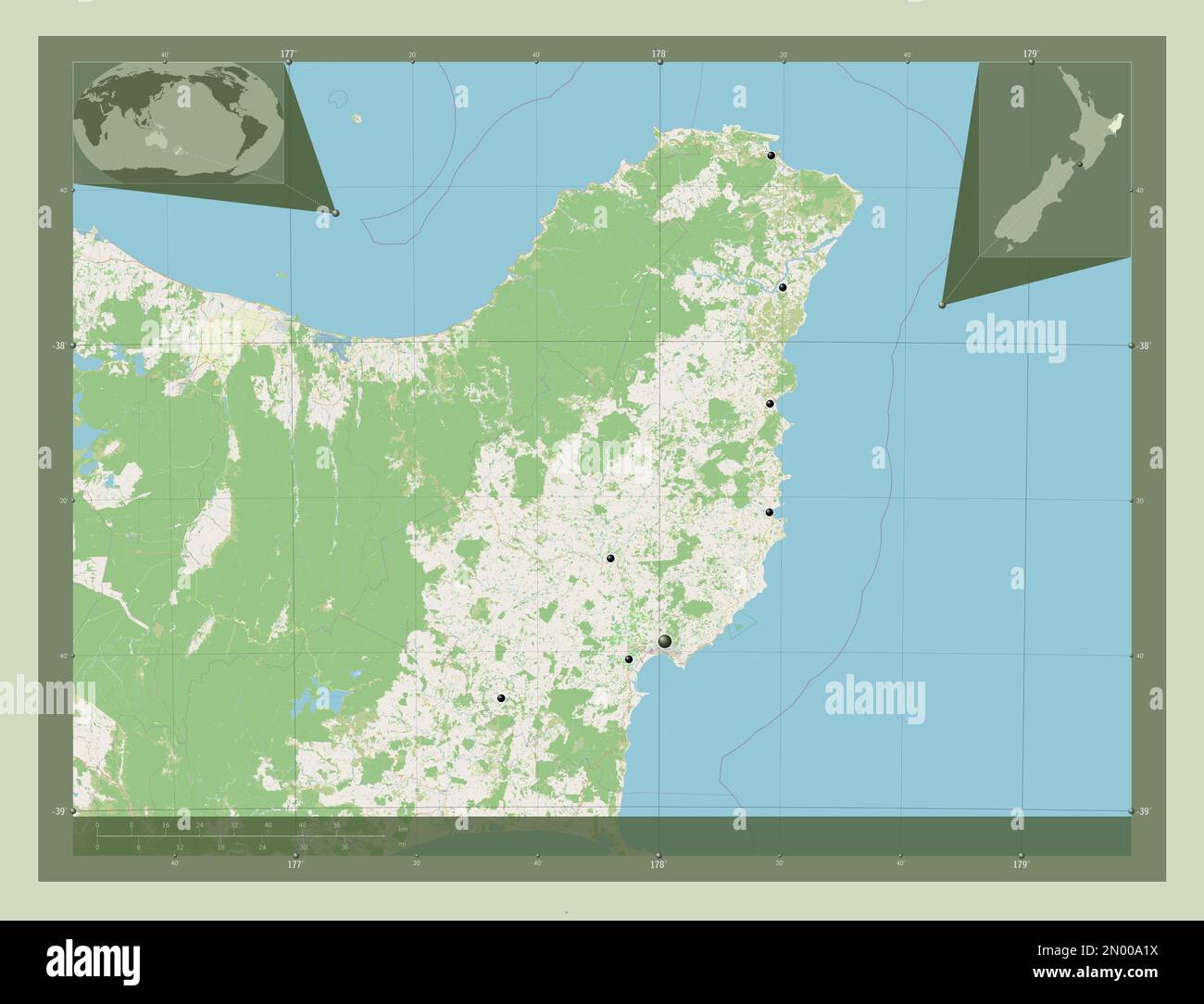 Gisborne, consiglio regionale della Nuova Zelanda. Aprire la mappa stradale. Posizioni delle principali città della regione. Mappe delle posizioni ausiliarie degli angoli Foto Stock
