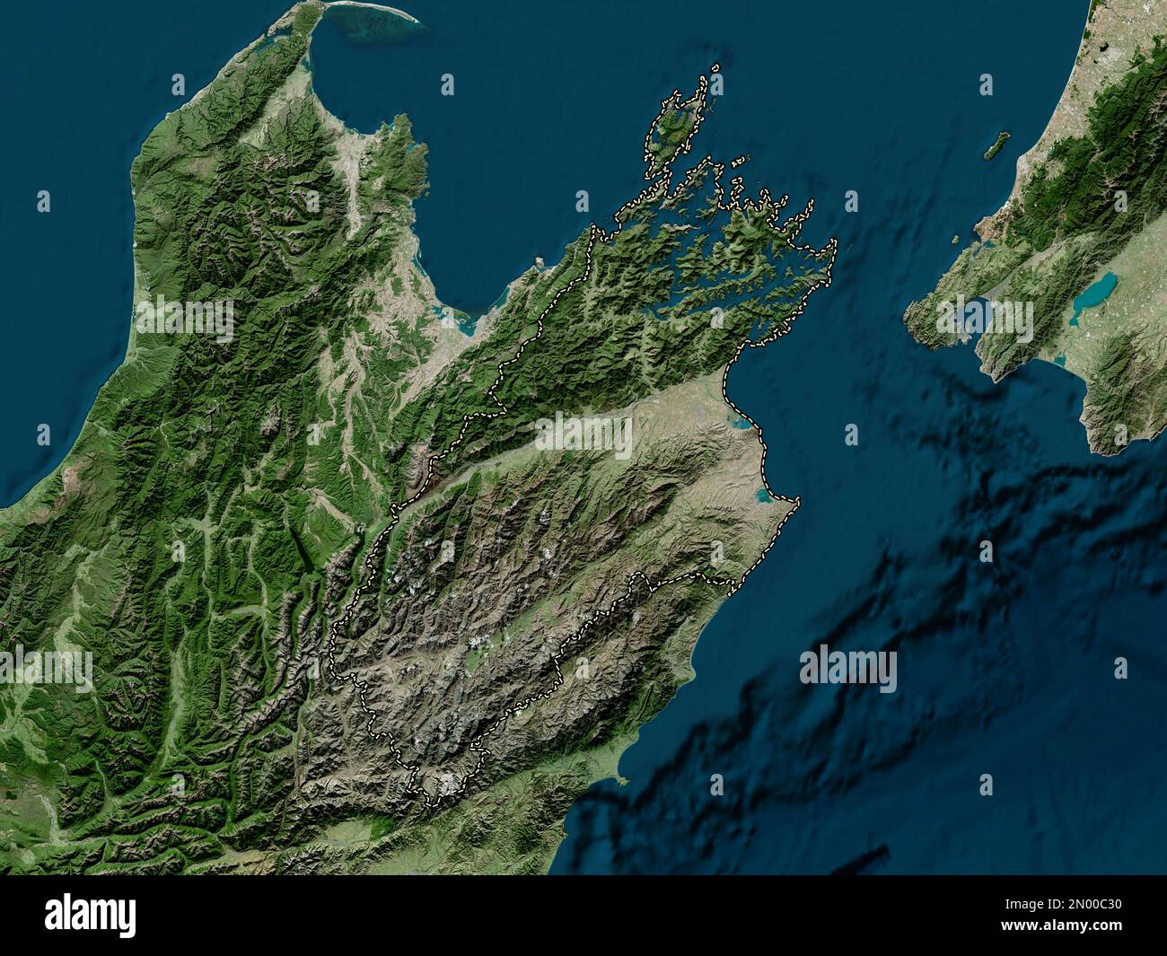 Marlborough, autorità unitaria della Nuova Zelanda. Mappa satellitare ad alta risoluzione Foto Stock