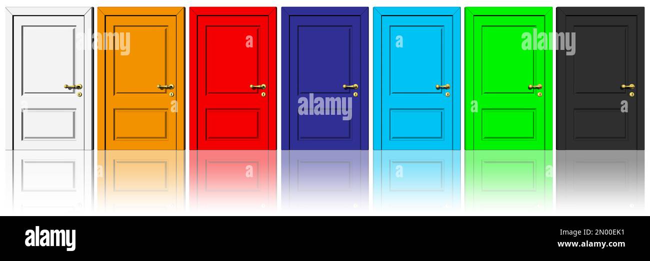 Illustrazione 3D. Porte chiuse colorate. Possibilità di scelta concettuale. Foto Stock