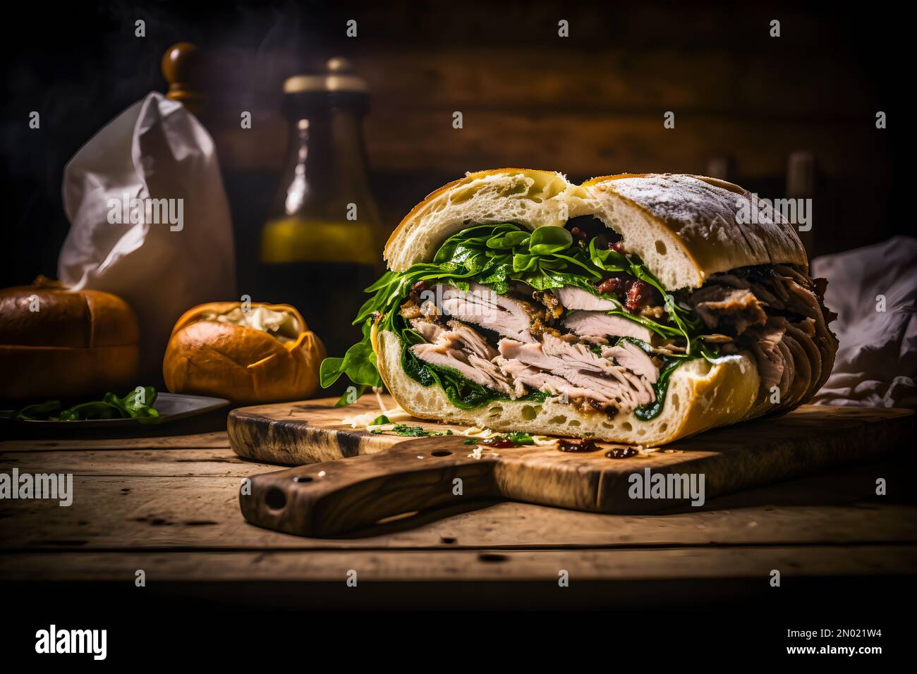 Festeggiate il gusto dell'Italia con il nostro panino alla Porchetta. Immagini di alta qualità che mostrano succulenti arrosti di maiale, croccanti crackling Foto Stock