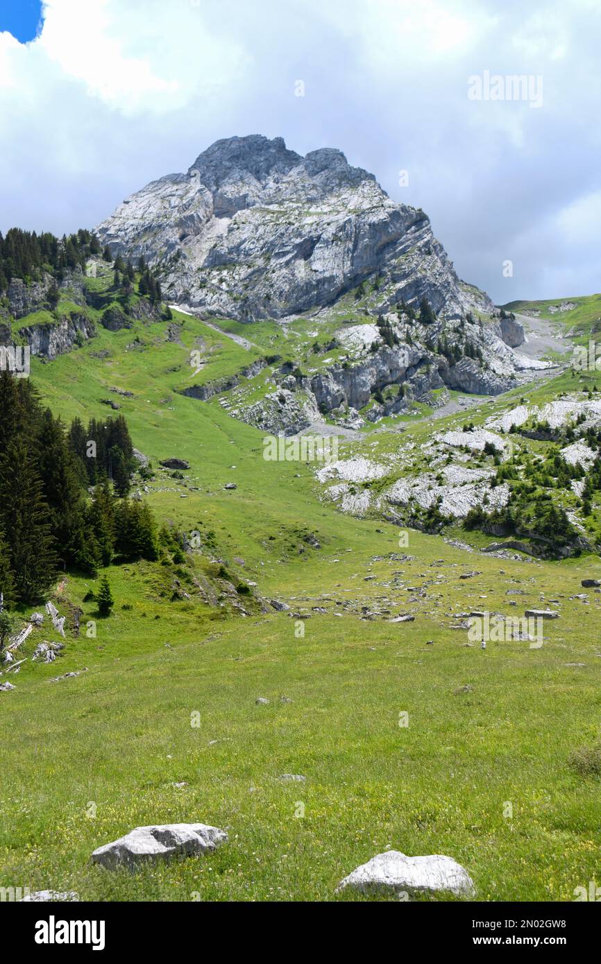 Vista dal Massiccio des Aravis, Les Confins, la Clusaz, alta Savoia, Francia Foto Stock