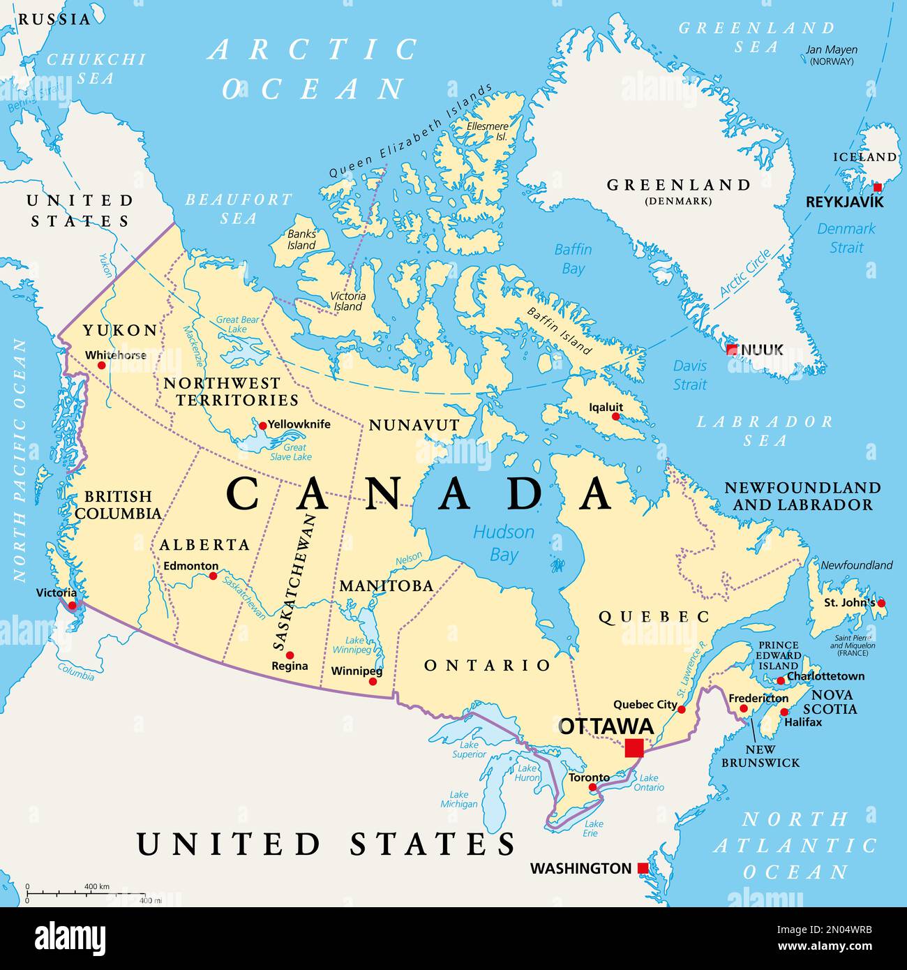 Canada, divisioni amministrative, mappa politica. Le dieci province e i tre territori del Canada, con i loro confini e le loro capitali. Foto Stock