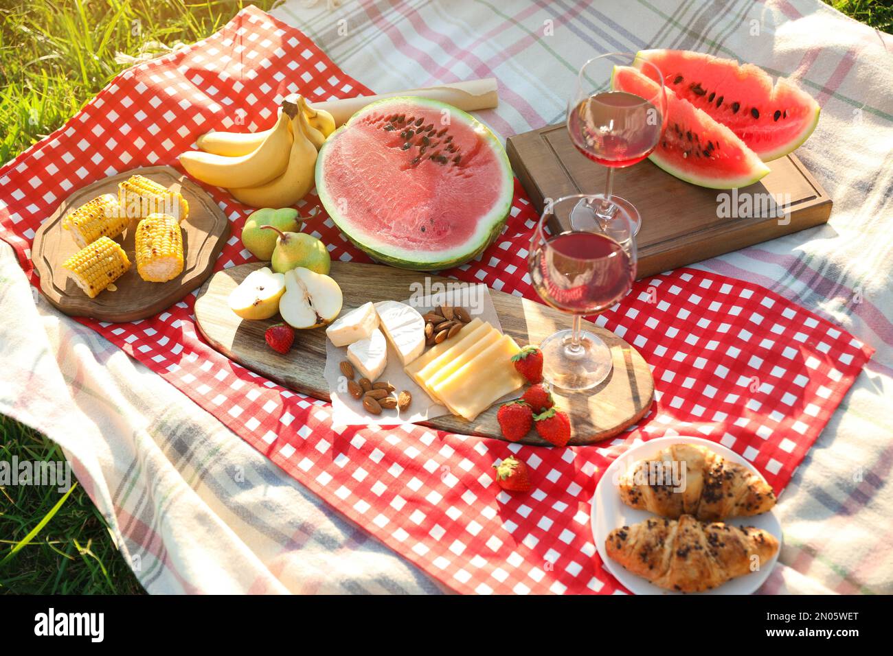 Coperta da picnic con cibo e bevande deliziosi all'aperto nelle giornate di sole Foto Stock