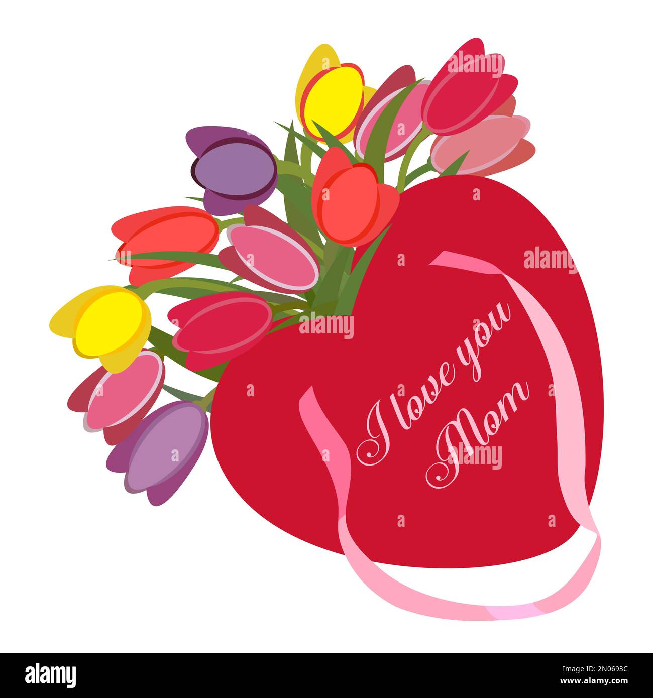 Scatola regalo di carta a forma di cuore con fiori di tulipano per la festa della mamma, 8 marzo, Vector Illustrazione Vettoriale