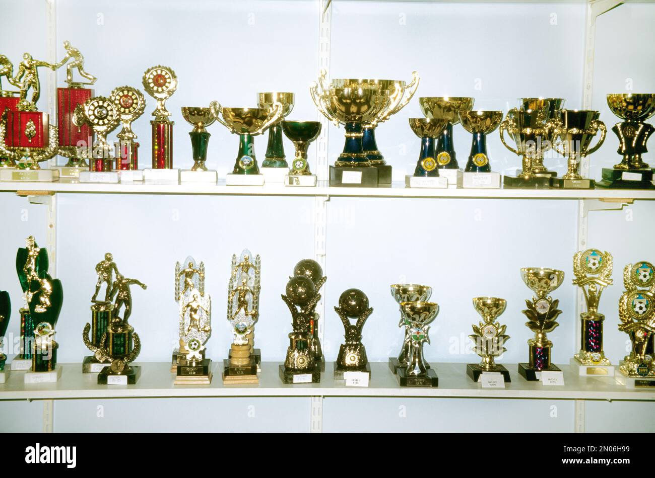 Vetrina di una collezione di Trofei per diversi sport Foto Stock