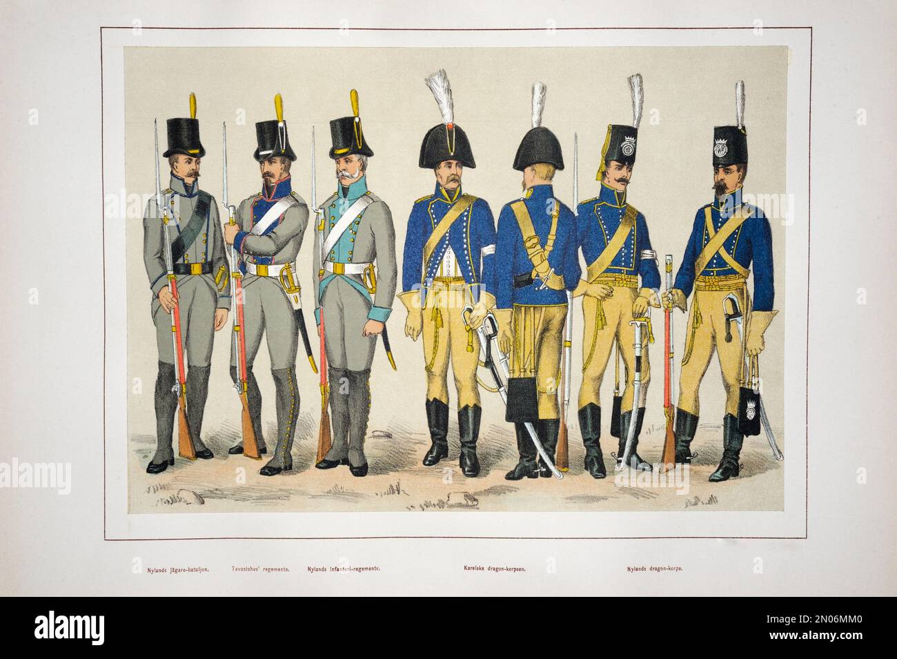 Le unità e le uniformi dell'esercito finlandese 1809-1809. Un battaglione Jäger di Uusimaa, un reggimento di Tavastehus, un reggimento di fanteria di Uusimaa, una cavalleria di Karelia Foto Stock