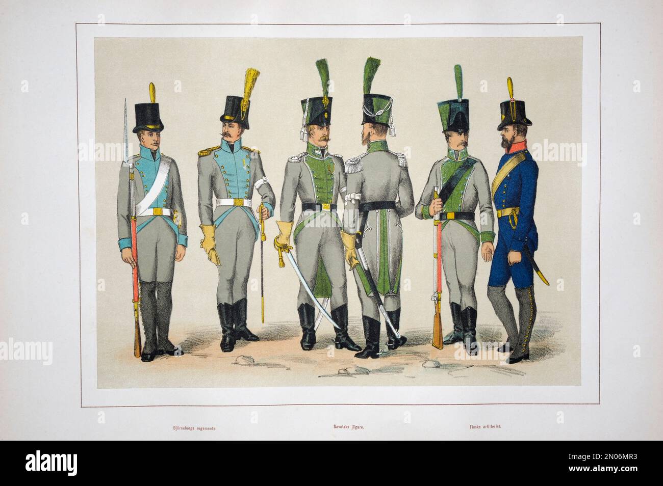 Le unità e le uniformi dell'esercito finlandese 1809-1809. Un reggimento di pori, un battaglione Jäger di Savonia, un'artiglieria finlandese. Il 21 febbraio 1808 truppe russe Foto Stock