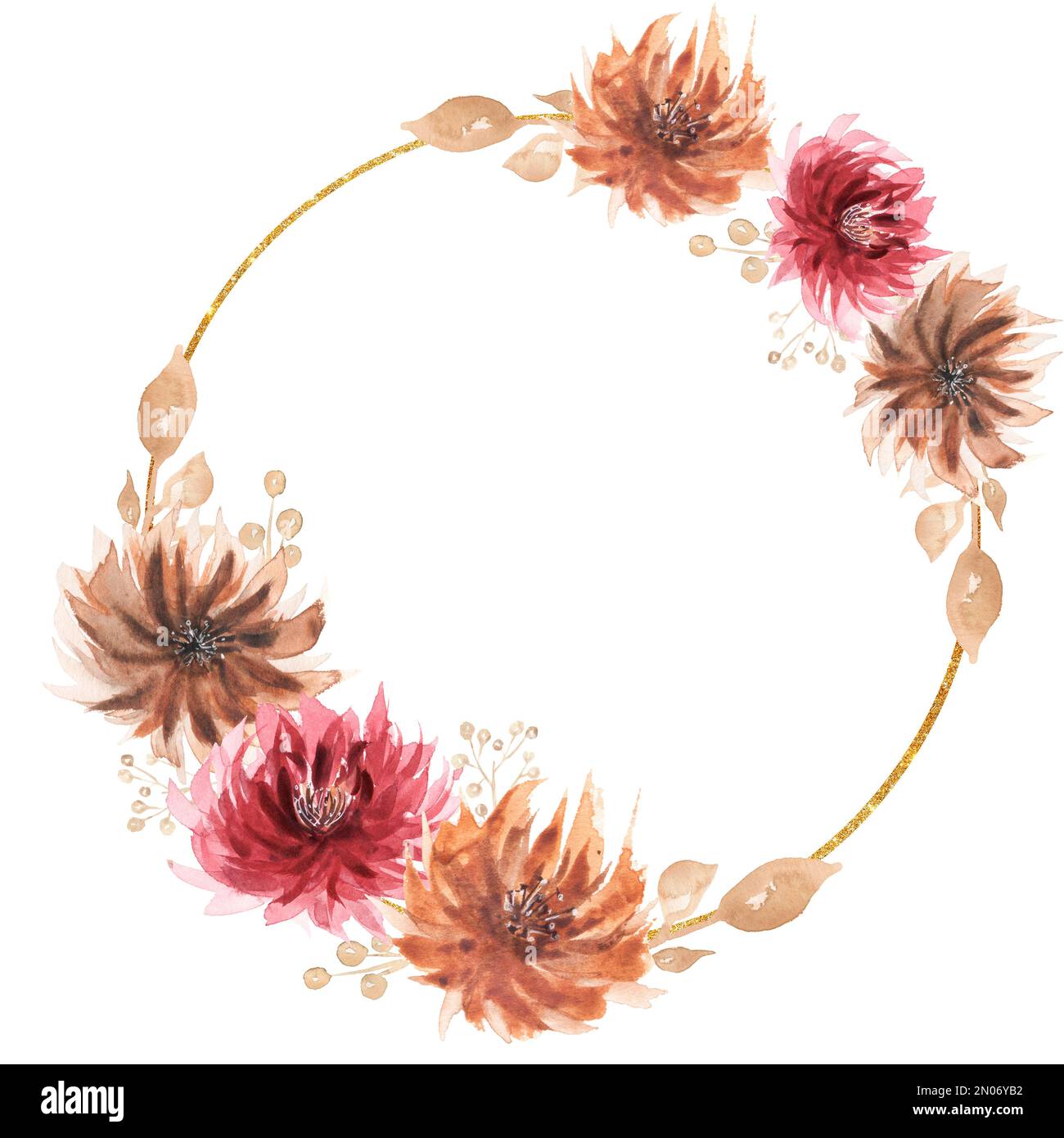 Cornice dorata e fiori rossi e arancioni bouquet cornice illustrazione, acquerello Foliage e fiori disposizione clipart, Florals matrimoni inviti, Logo d Foto Stock