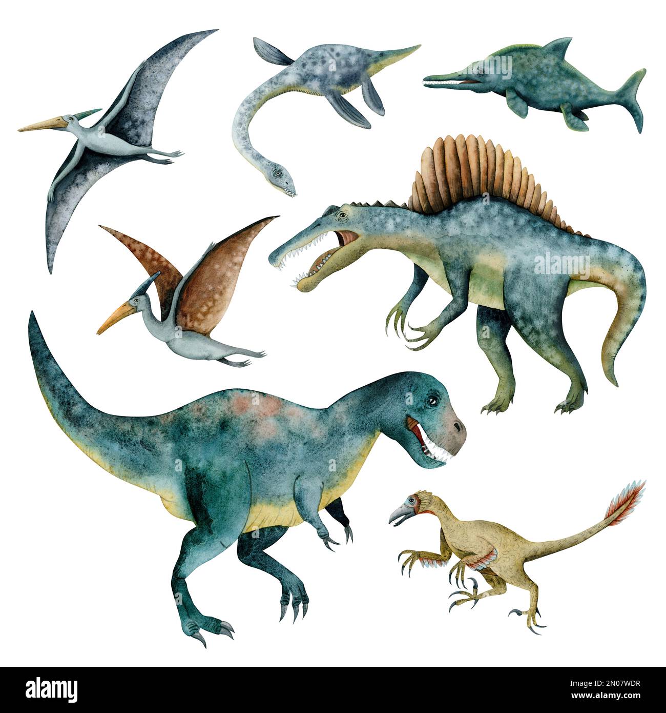 Set di illustrazioni di dinosauri acquerelli con tirannosauro predatore, spinosauri, dinosauri volanti e velociraptor isolati su sfondo bianco Foto Stock