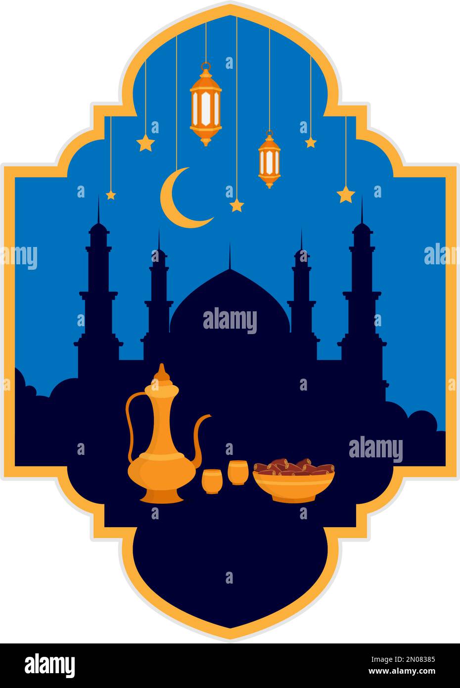 illustrazione design invito per una festa iftar con datteri e bevande in ramadan Illustrazione Vettoriale