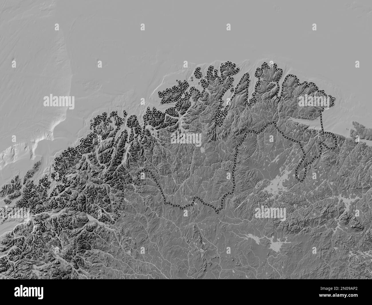 Troms og Finnmark, contea di Norvegia. Mappa altimetrica bilivello con laghi e fiumi Foto Stock