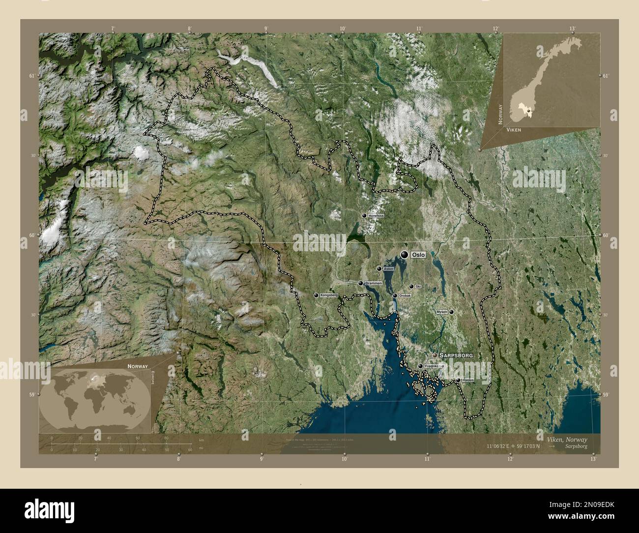 Viken, contea di Norvegia. Mappa satellitare ad alta risoluzione