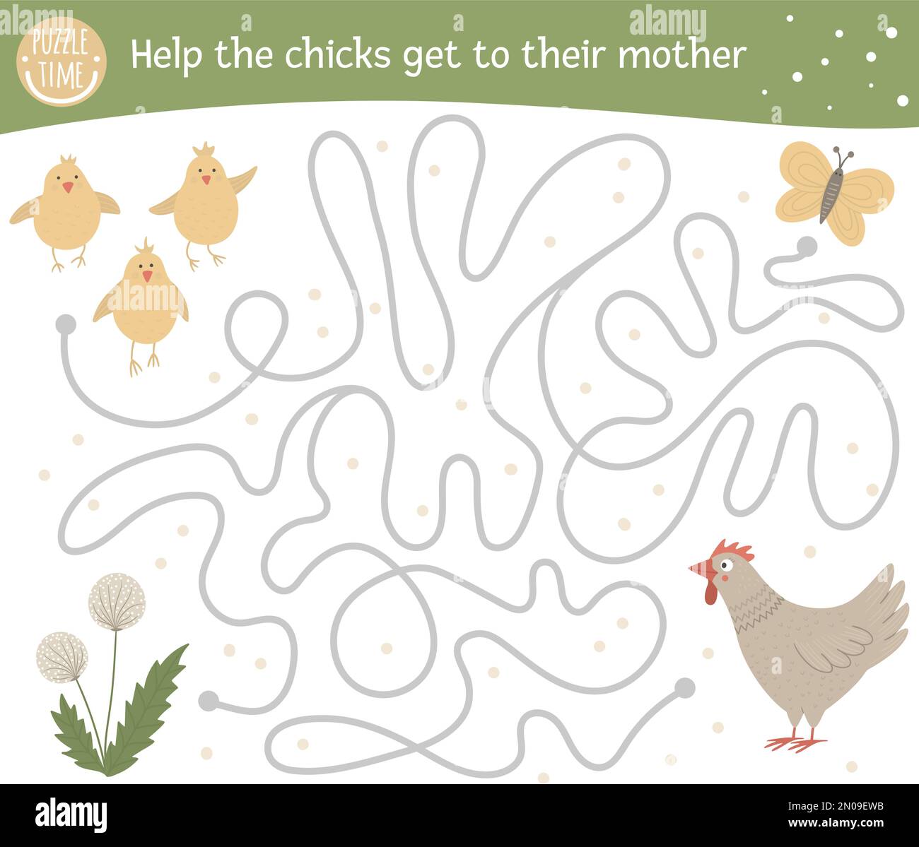 Labirinto pasquale per bambini. Attività primaverile in età prescolare. Divertente gioco di puzzle con carino gallina, polli, dente di leone, farfalla. Aiuta i pulcini ad arrivare a t Illustrazione Vettoriale