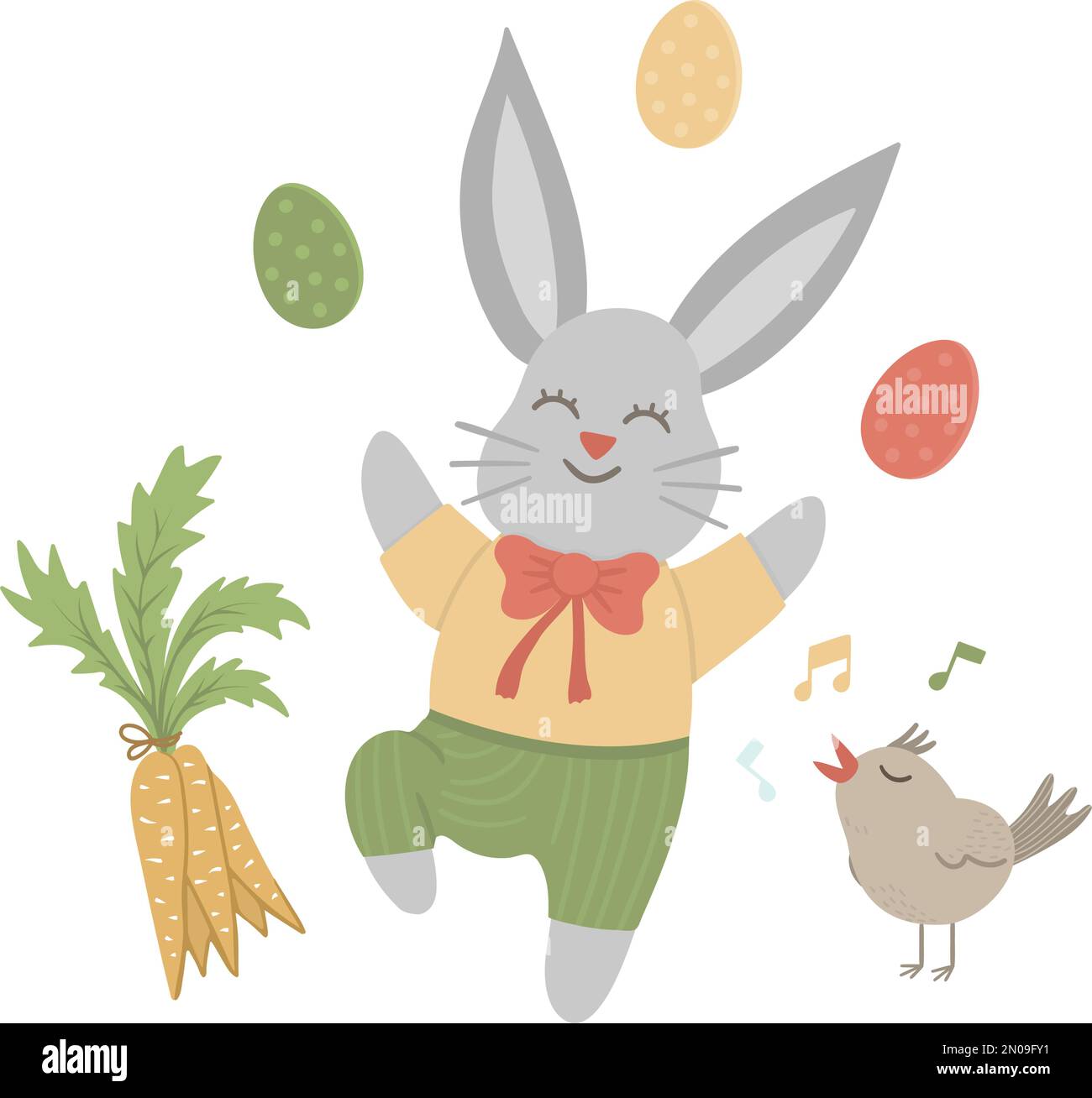 Coniglio piatto piatto vettore divertente con uova colorate, carota e uccello canto. Bella illustrazione di Pasqua. Foto delle vacanze primaverili isolata su sfondo bianco. Illustrazione Vettoriale