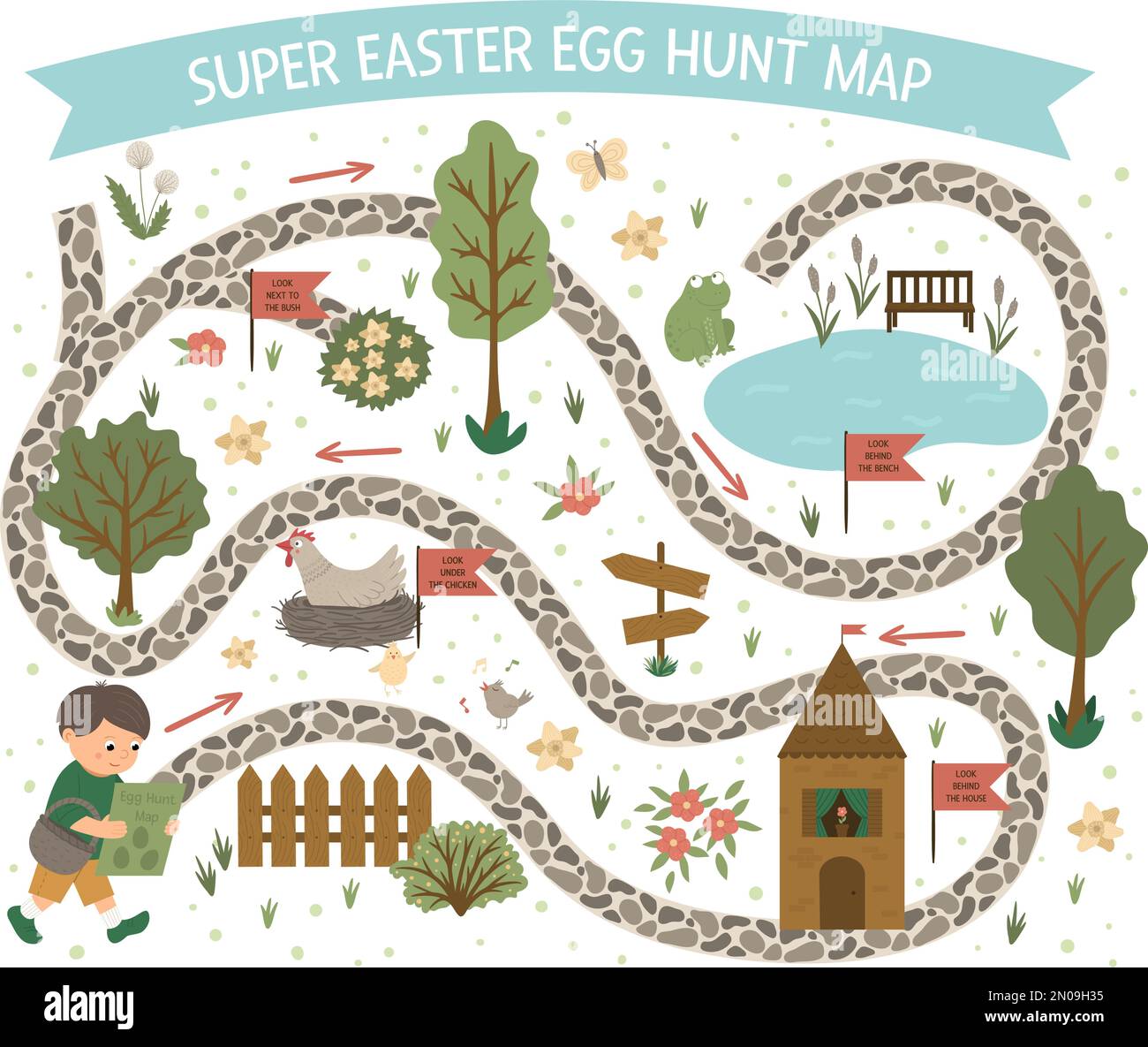 Mappa di caccia all'uovo di Pasqua. Set di elementi cartoni animati a molla piatta. Vettore scena giardino con carino casa, recinto, uova colorate, stagno. Illustrazione Vettoriale