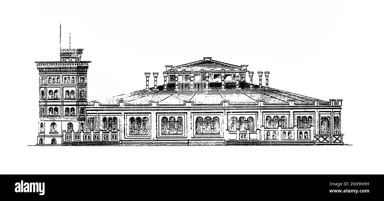 19th ° secolo illustrazione di casa rotonda nel XIX secolo. Incisione pubblicata su Systematischer Bilder Atlas - Bauwesen, Ikonographische Encyklopedie d Foto Stock