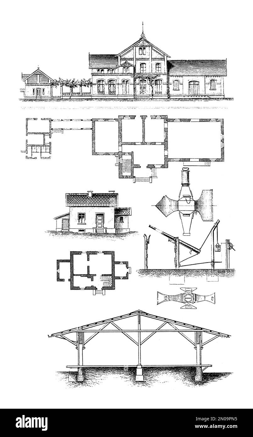 Illustrazione del 19th° secolo raffigurante edifici ferroviari del XIX secolo. Incisione pubblicata su Systematischer Bilder Atlas - Bauwesen, Ikonographische Enc Foto Stock