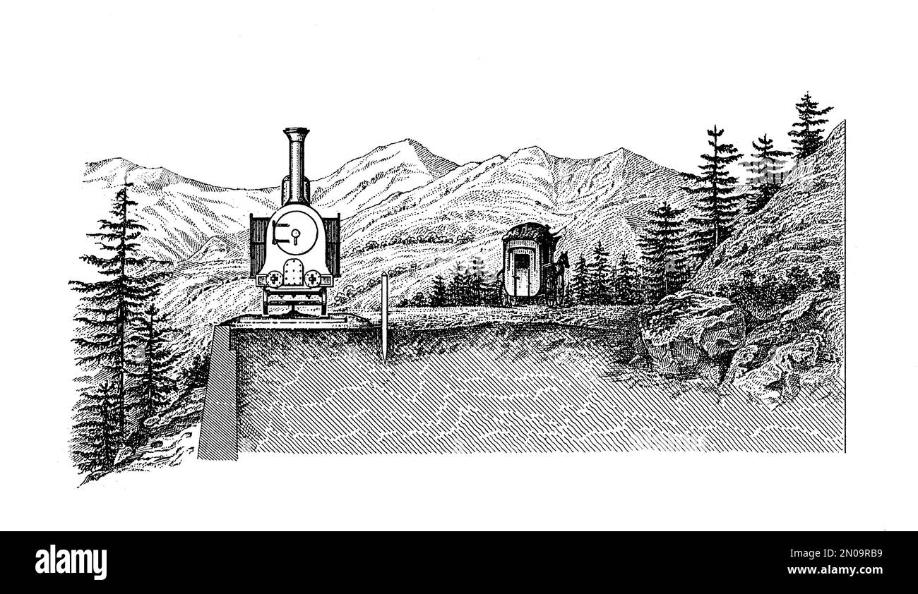 Antica illustrazione raffigurante il sistema ferroviario di montagna caduto. Il sistema Fell è stato progettato, sviluppato e brevettato dall'ingegnere britannico John Barraclough Foto Stock
