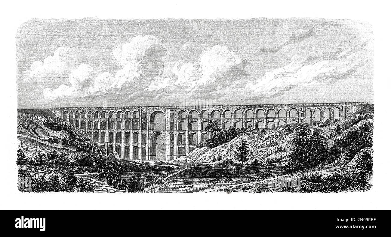 Incisione del 19th° secolo raffigurante Goltzschtalbrucke, ponte ferroviario costruito tra il 1846 e il 1851. Illustrazione pubblicata in Systematischer Bilder Atlas Foto Stock