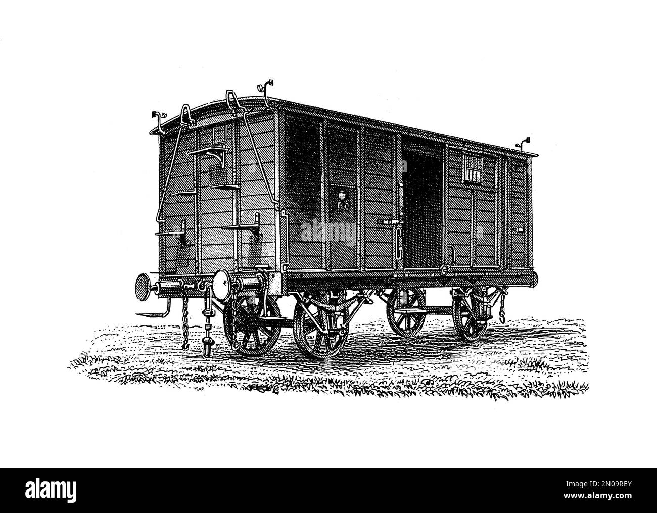 Illustrazione del 19th° secolo del carro merci nel XIX secolo. Incisione pubblicata su Systematischer Bilder Atlas - Bauwesen, Ikonographische Encyklopedie Foto Stock