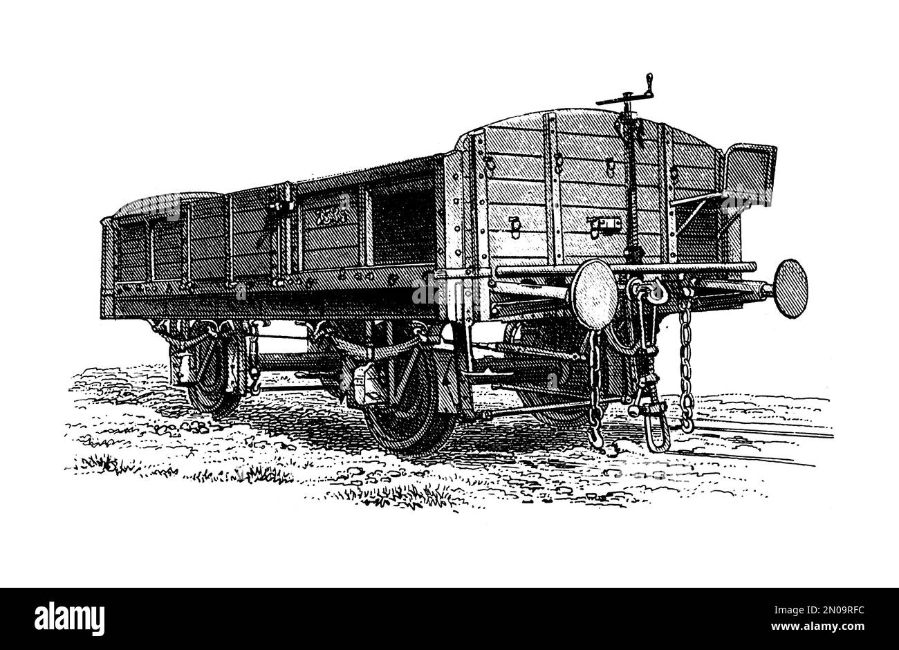 Antica incisione del 19th ° secolo di vagone merci nel XIX secolo. Illustrazione pubblicata in Systematischer Bilder Atlas - Bauwesen, Ikonographische Encykl Foto Stock