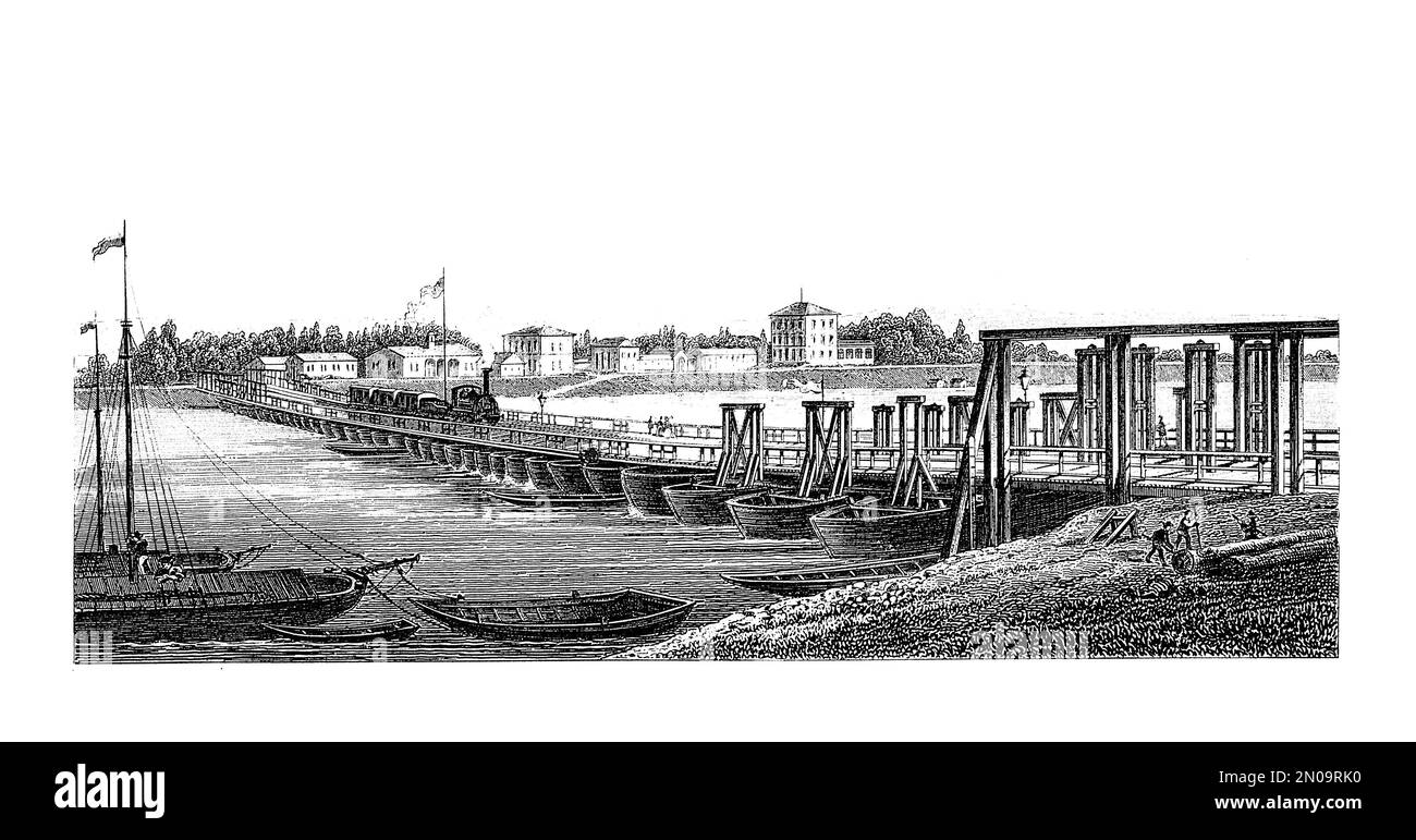 Antica incisione della ferrovia Maxau, linea ferroviaria lunga 9,7 km, aperta nel 1862. Illustrazione pubblicata in Systematischer Bilder Atlas - Bauwesen, Foto Stock