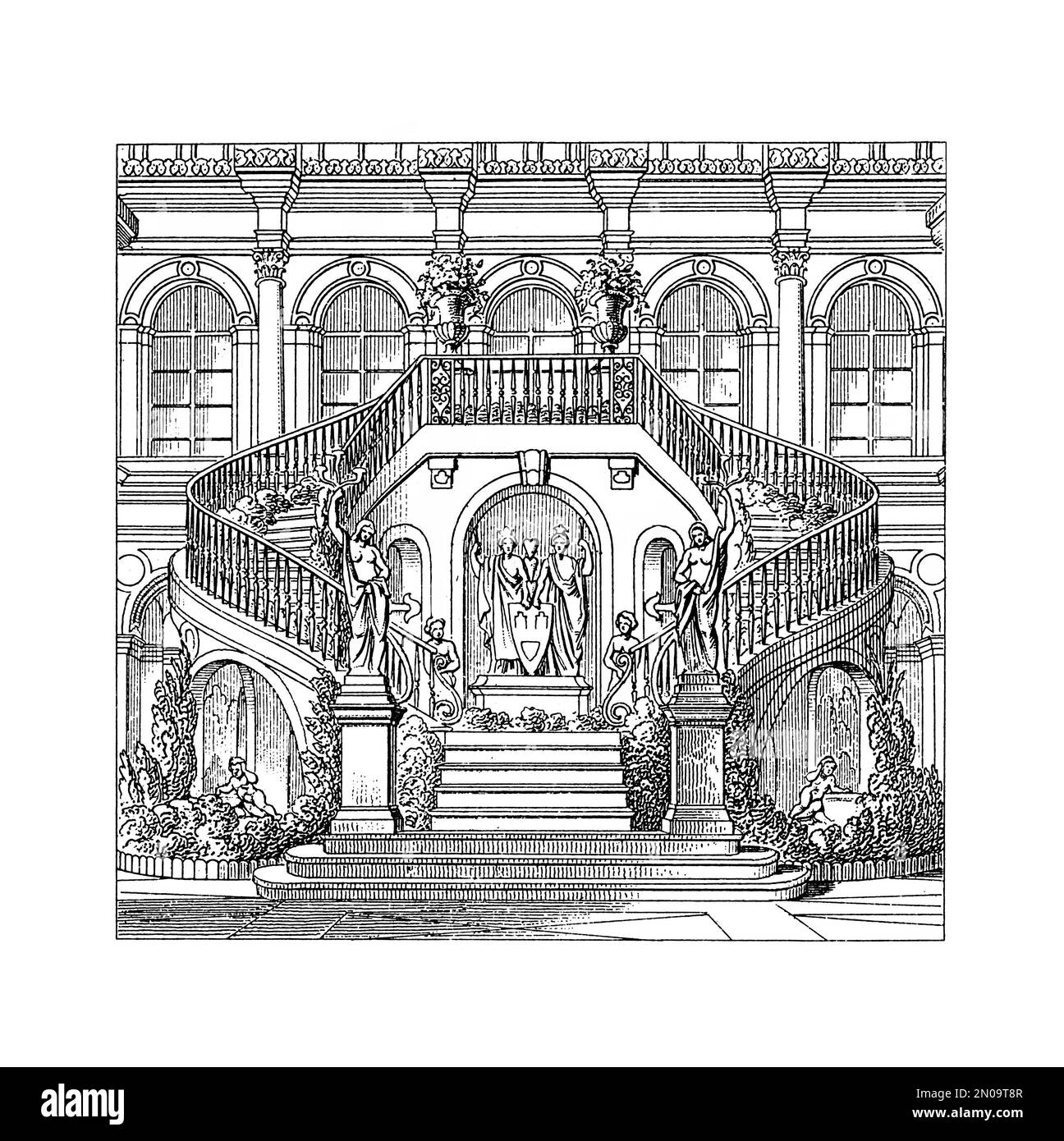 Illustrazione del 19th° secolo raffigurante una scalinata dell'Hotel de Ville a Parigi, Francia. Incisione pubblicata su Systematischer Bilder Atlas - Bauwesen, Ikon Foto Stock