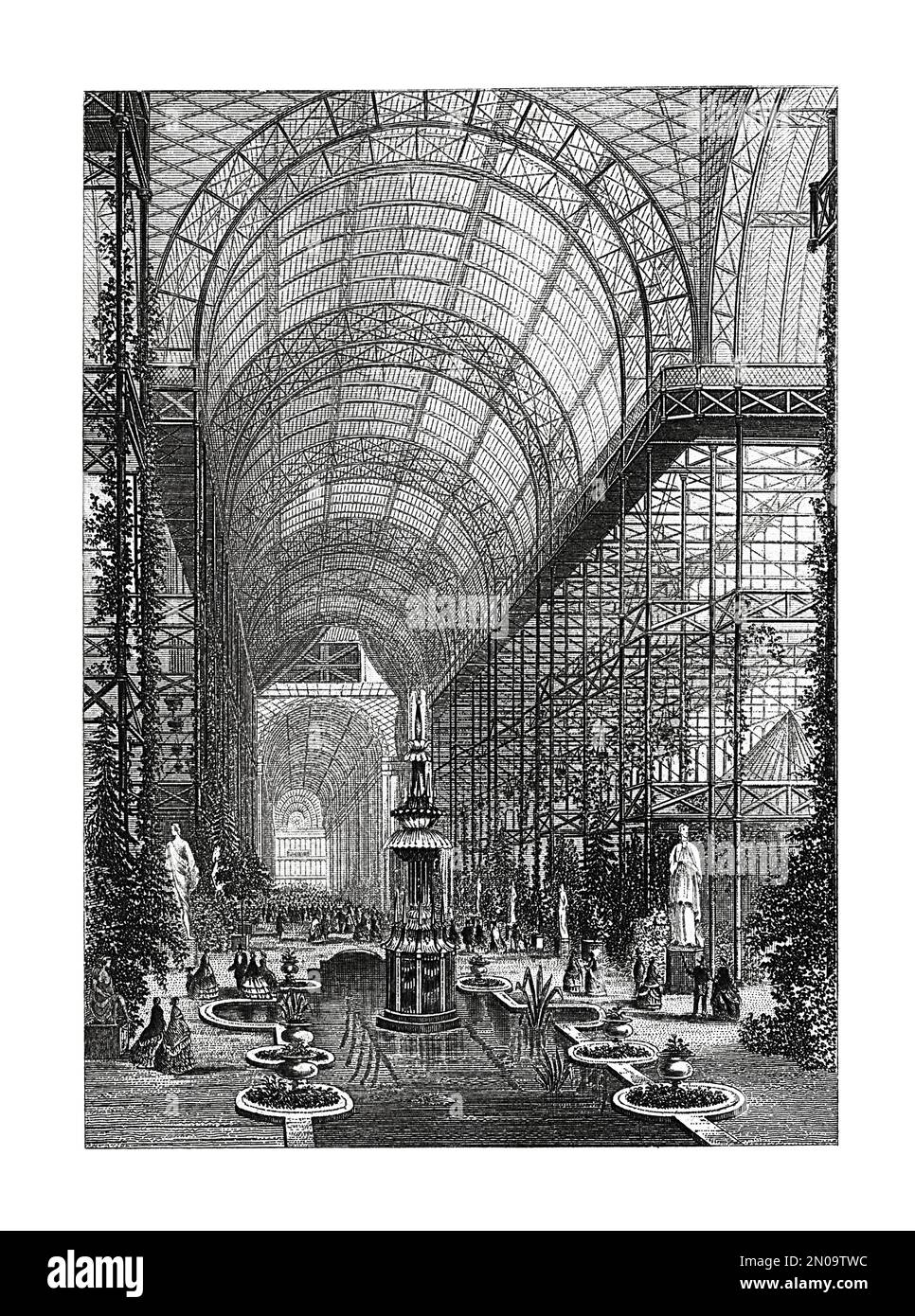 Incisione del 19th° secolo raffigurante il Crystal Palace di Londra. Illustrazione pubblicata in Systematischer Bilder Atlas - Bauwesen, Ikonographische Encyk Foto Stock