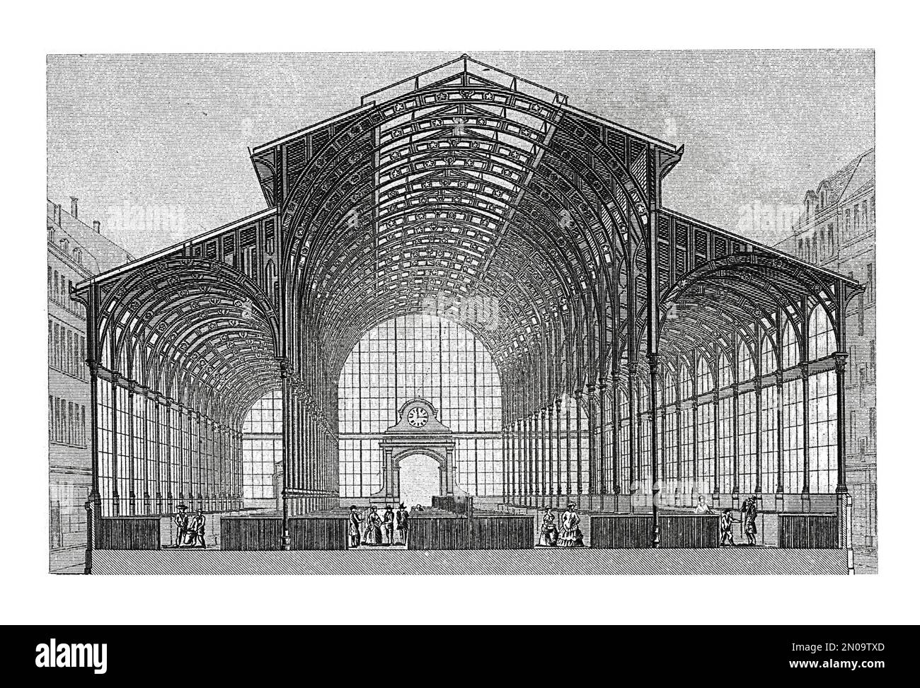 Incisione antica del mercato Hall a Lione, Francia. Illustrazione pubblicata in Systematischer Bilder Atlas - Bauwesen, Ikonographische Encyklopedie der Foto Stock