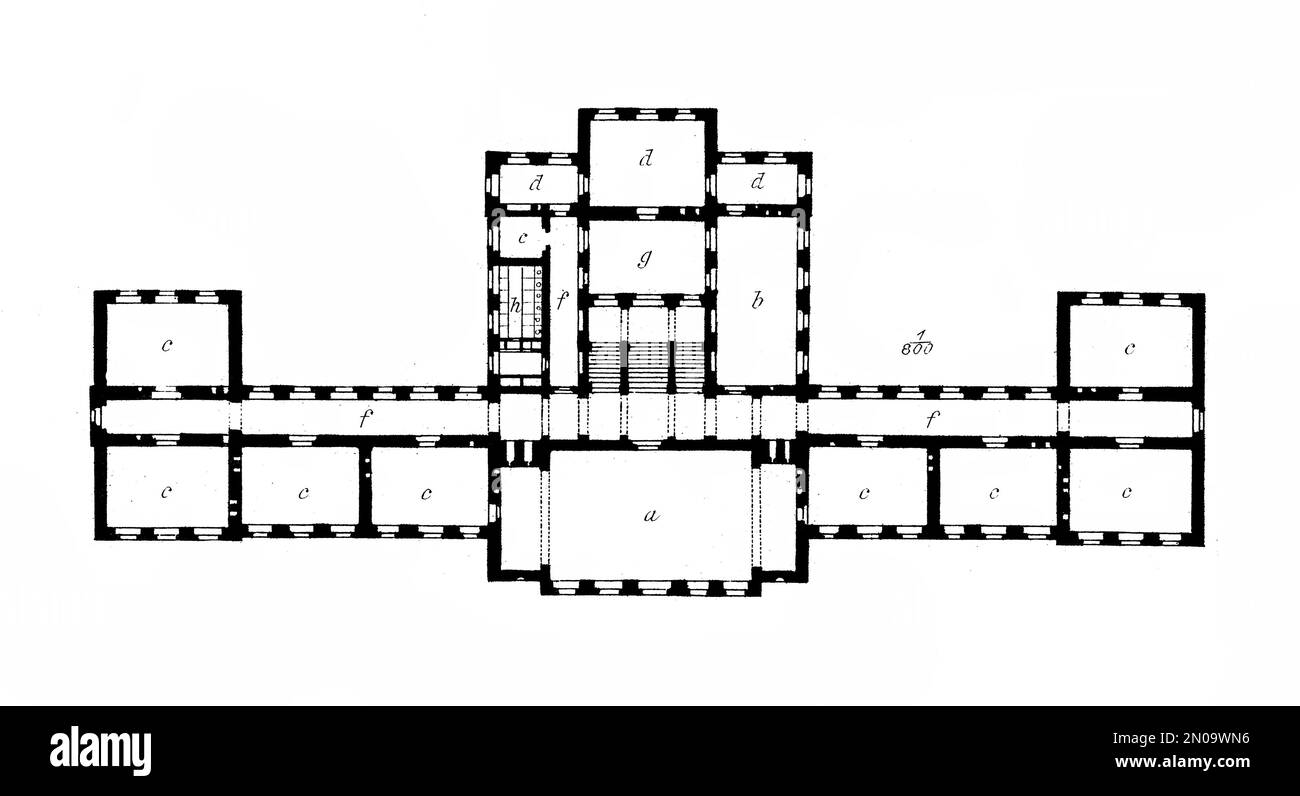 Illustrazione del 19th° secolo raffigurante la pianta di realschule a Chemnitz, XIX secolo. Incisione pubblicata su Systematischer Bilder Atlas - Bauwesen, i Foto Stock