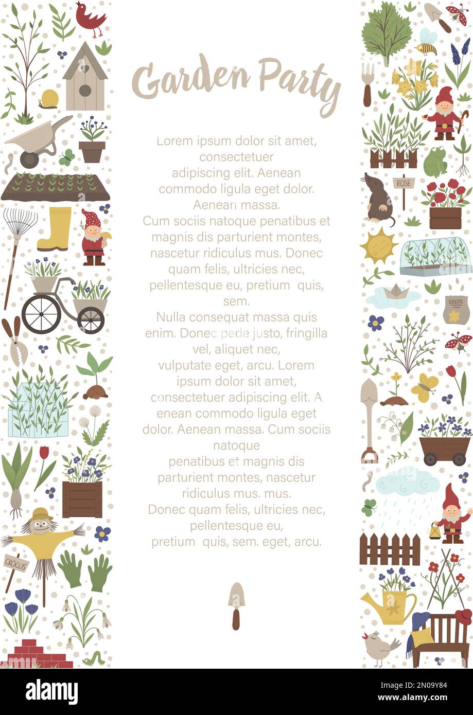 Cornice verticale vettoriale con attrezzi da giardino, fiori, erbe, piante, insetti. Banner attrezzatura da giardinaggio, invito o sfondo festa. Simpatico funn Illustrazione Vettoriale