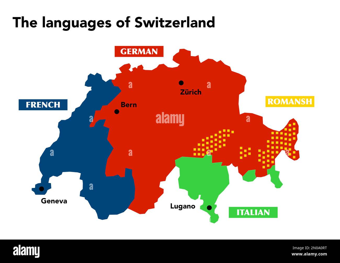 Mappa che mostra la distribuzione geografica delle quattro lingue nazionali della Svizzera Foto Stock