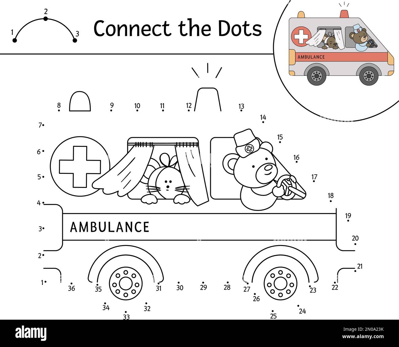 Attività vettoriale da punto a punto con ambulanza e animali carini. Collegare il gioco Dots. Portare il medico guida auto di emergenza con il mouse malato. Divertente speciale med Illustrazione Vettoriale