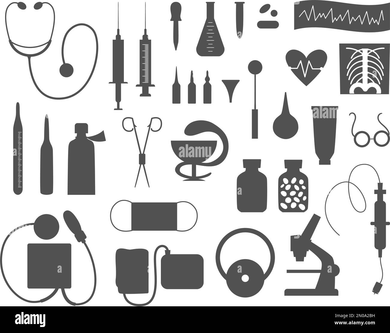 Set di icone di silhouette mediche piatte vettoriali. Medicina o assicurazione sanitaria, raccolta di ricerca. Apparecchiature sanitarie e di laboratorio isolate su bianco Illustrazione Vettoriale